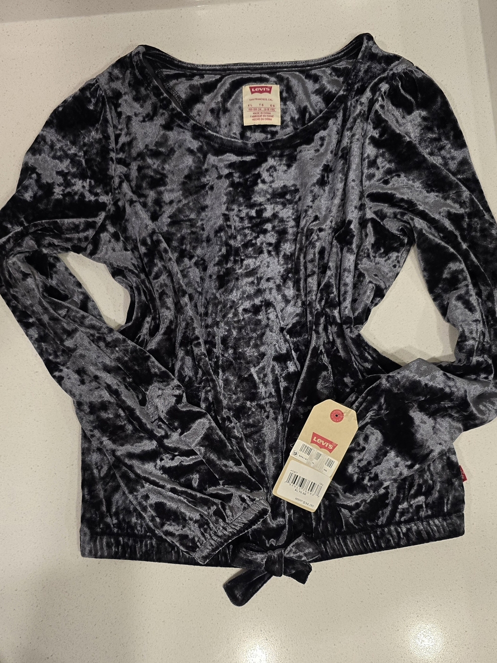 Levi's Girls Crushed Velvet Long-Sleeve Top in Charcoal Gray with Front Tie
